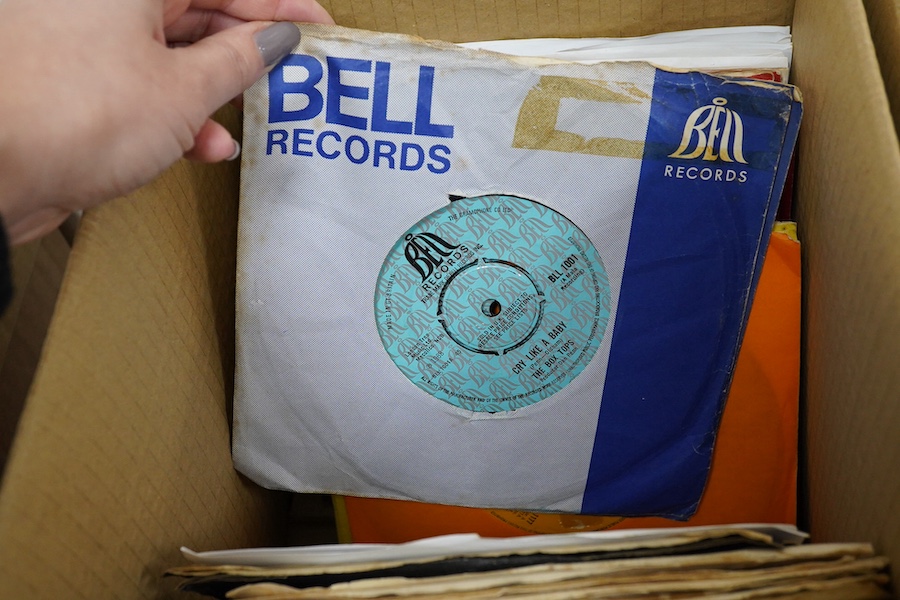 Four boxes of 7 inch singles on record labels, including; Chess, Immediate, King, Chrysalis, Charisma, Beacon, Epic, Ember, Embassy, Blue Horizon, Bell, Invictus, Island, etc. artists include; Small Faces, Humble Pie, th